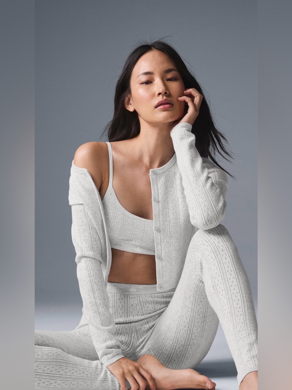 ALO! POINTELLE SWEATER BE MINE BRA, CARDIGAN & HIGH WAISTED LEGGING.